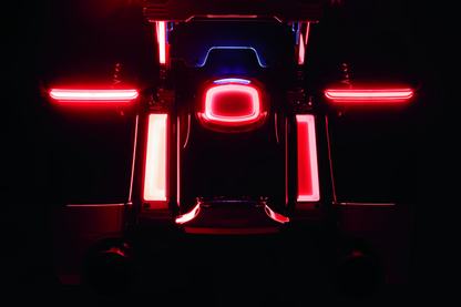 Kuryakyn Tracer LED taillight with red lens and license plate light for Harley Davidson motorcycle.