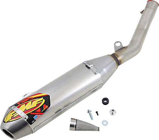 FMF Powercore 4 HEX motorcycle muffler showcasing a high-performance exhaust system with sleek design and branding.
