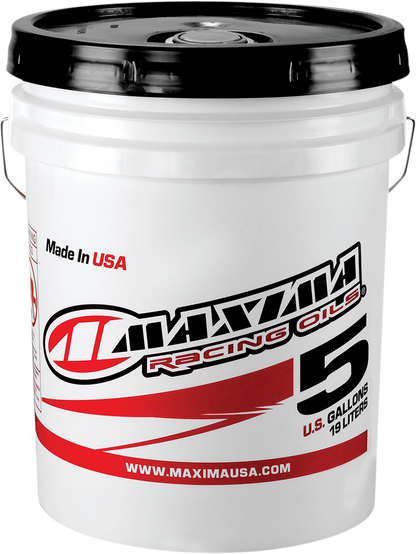 Maxima Racing Oil 59505-10 racing fork fluid 10WT in a 5-gallon pail, suitable for high-performance motorcycle suspension systems.