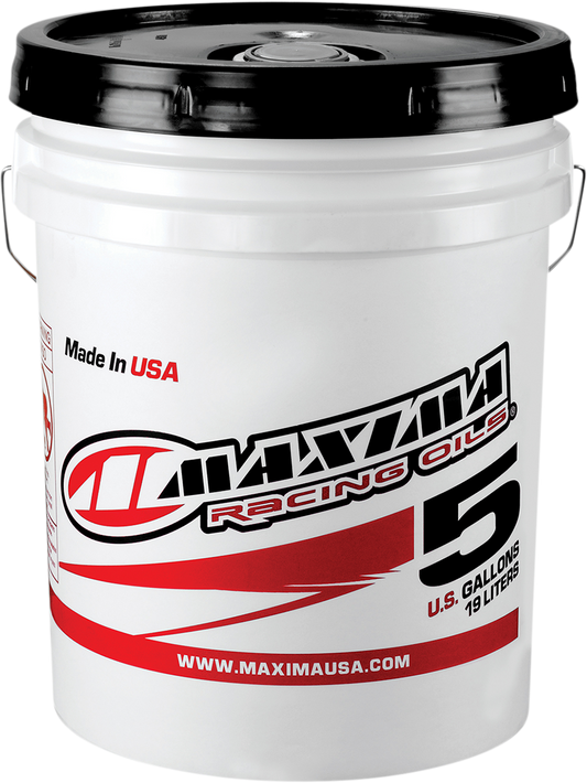 Maxima Racing Oil 59505-10 racing fork fluid 10WT in a 5-gallon pail, suitable for high-performance motorcycle suspension systems.