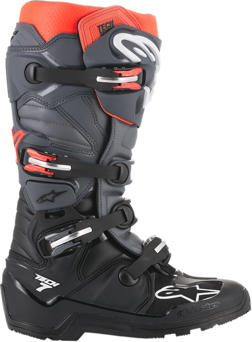 Alpinestars Tech 7 Enduro boots in black and gray, US size 14, featuring rugged riding design with protective features.