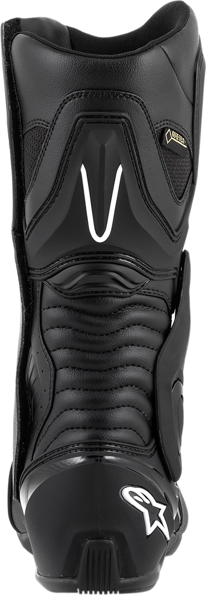 Black Alpinestars SMX-6 v2 Gore-Tex motorcycle boots in US 10.5 / EU 45, featuring durable design and waterproof Gore-Tex lining.