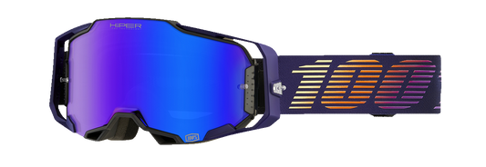 Bill's Exhausts 100% Armega Goggles with HiPER Mirror Blue lenses, featuring a sleek black frame and adjustable strap.