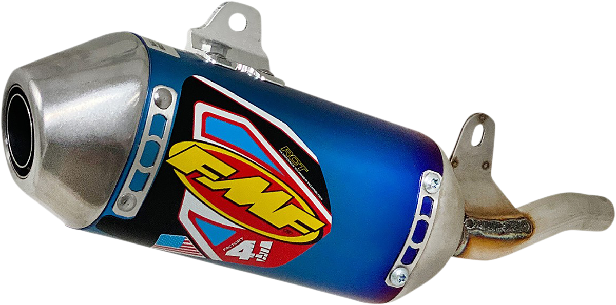 FMF Factory 4.1 motorcycle muffler, lightweight performance exhaust showing the sleek, polished metal design.