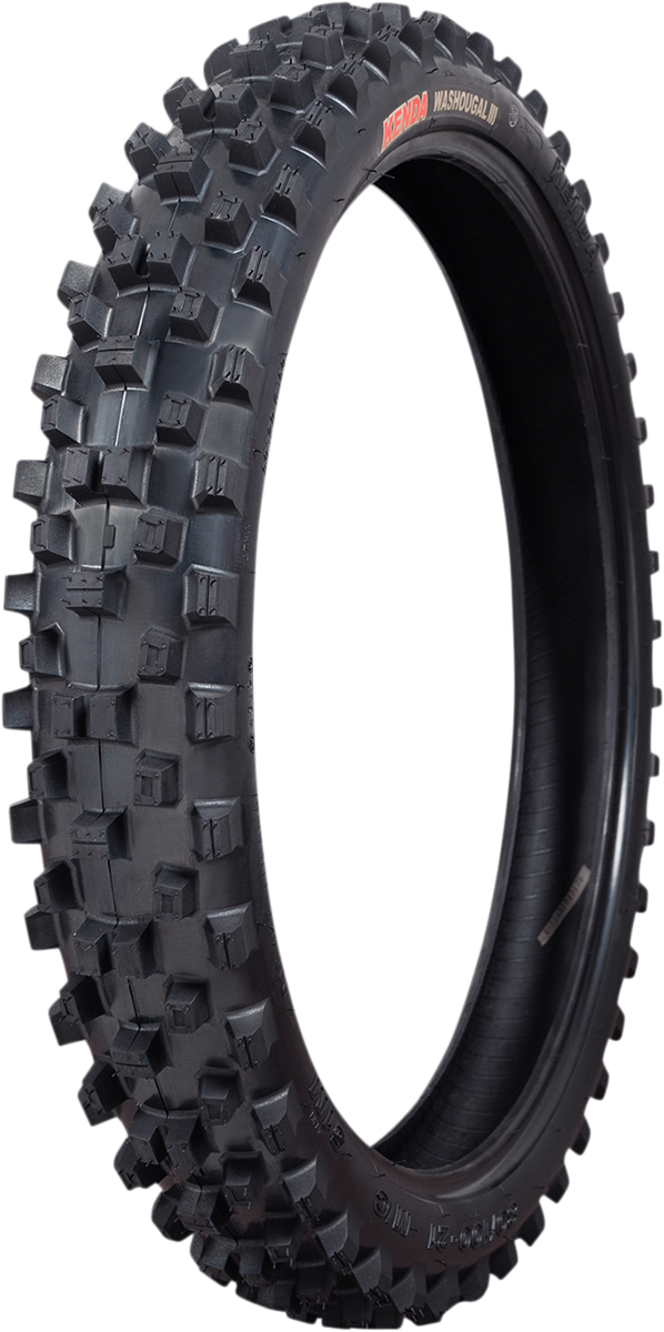 Front motorcycle tire KENDA Washougal III K7102F in 80/100-21 size with tread pattern and sidewall details