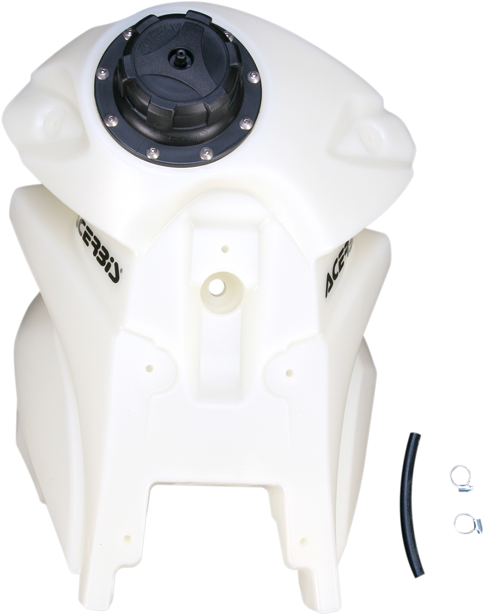 Acerbis natural gas tank for KTM motorcycles, 3.0 gallons, shown from the side with mounting points and brand markings visible.
