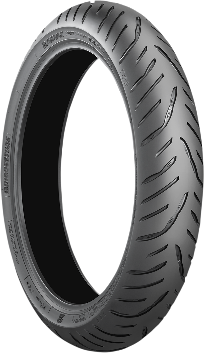 Bridgestone Battlax Sport Touring T32 front motorcycle tire 120/70ZR18 with 59W speed rating, showcasing tread pattern and sidewall.