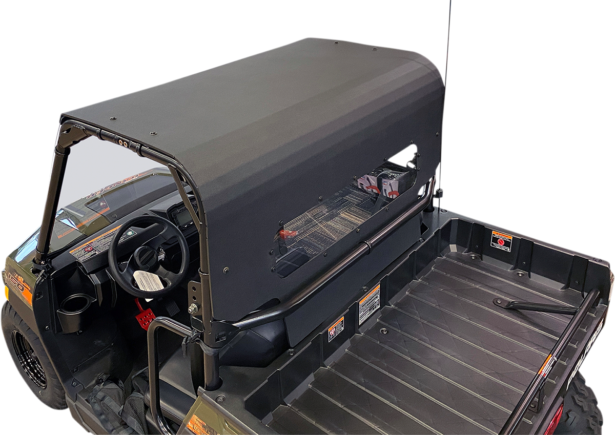 MOOSE OFFROAD Ranger V000234-00000M windshield, roof, and rear panel kit installed on off-road vehicle, showing durable black panels.