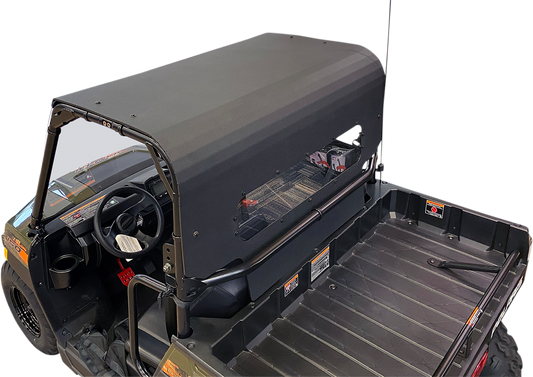 MOOSE OFFROAD Ranger V000234-00000M windshield, roof, and rear panel kit installed on off-road vehicle, showing durable black panels.
