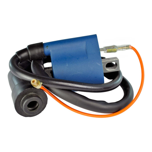 RM STATOR external ignition coil with spark plug cap for motorcycle, part RM06003, shown on engine component.