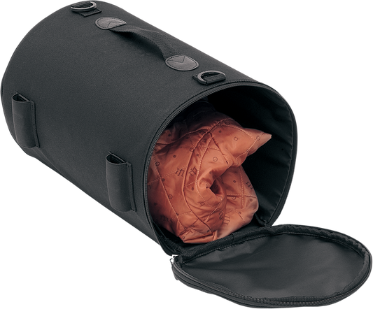 Bill's Exhausts SADDLEMEN R850 Roll Bag seat bag mounted on motorcycle seat with straps and storage compartments.