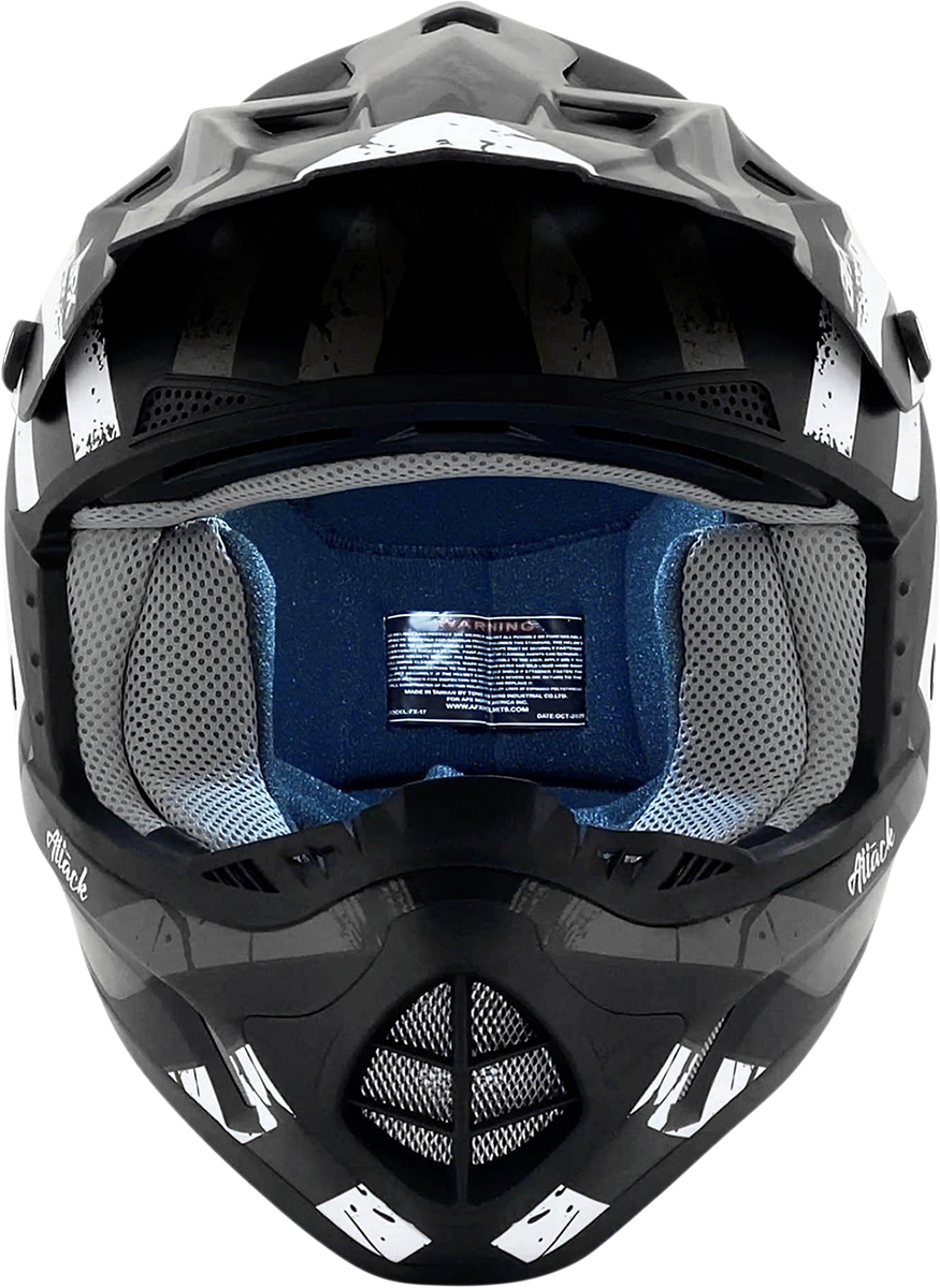 AFX FX-17 helmet in matte black and silver with attack design, XL size, featuring aerodynamic shape and clear visor.