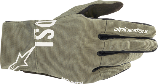 Bill's Exhausts Alpinstars Shotaro gloves in military green, small size, with textured leather and protective knuckle armor.