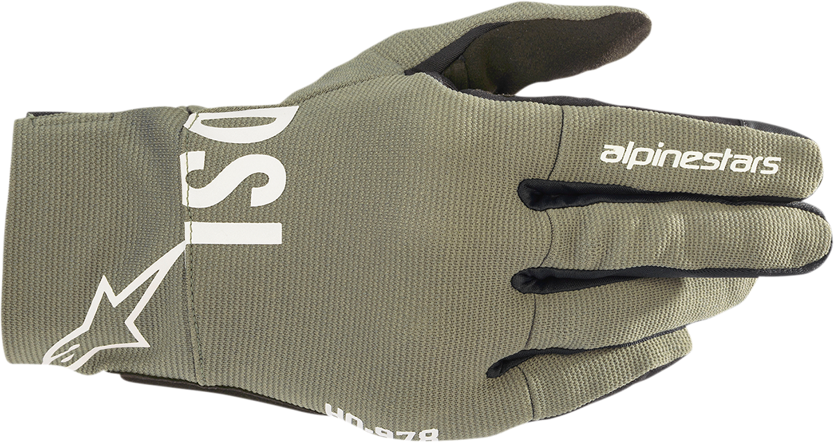 Alpinestars Shotaro motorcycle gloves in military green, 3XL size, featuring protective padding and textured grip areas.