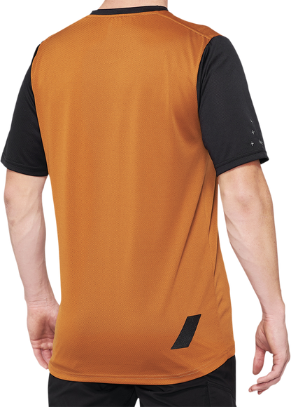 Bill's Exhausts Ridecamp jersey in terracotta and black, small size, showing the breathable fabric and stylish cycling design.