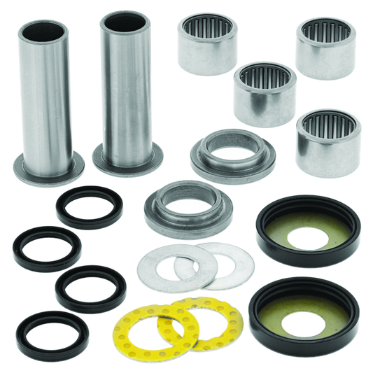 QuadBoss swingarm repair kit for Suzuki LT-R450 motorcycle, showing repair components and hardware for suspension maintenance.