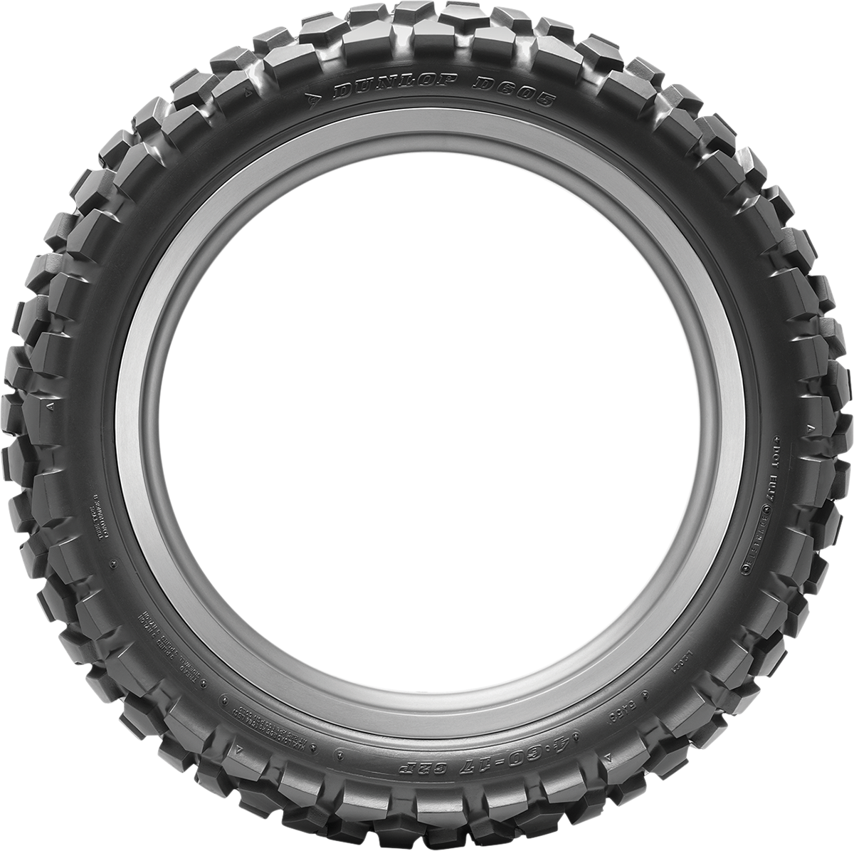 Dunlop D605 rear tire 4.60-18 63P for road and off-road use, showing the tread pattern and sidewall details.