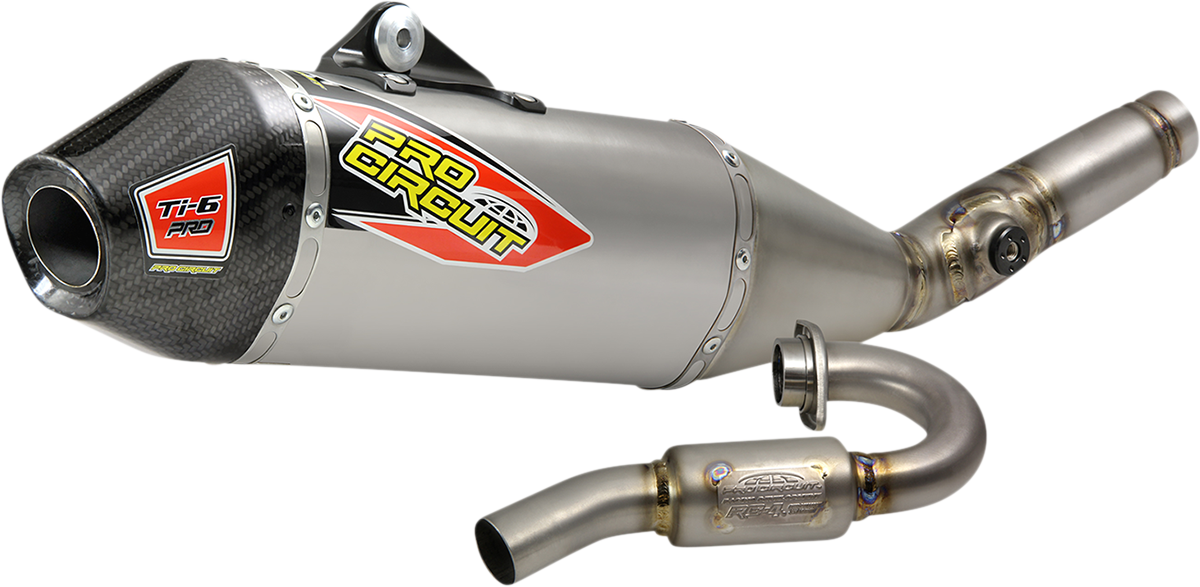 PRO CIRCUIT Ti-6 Pro motorcycle exhaust system in titanium, featuring sleek design and high-performance engineering.
