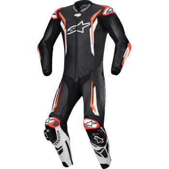 Alpinestars GP Tech v5 1-piece leather motorcycle suit in black, white, and red fluo, size US 46 / EU 56, displayed on a plain background.