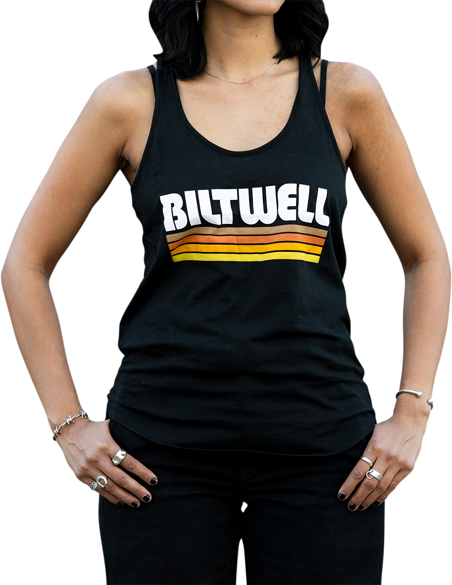 Black BILTWELL women's surf tank top, medium size, made by Bill's Exhausts, featuring a fitted style and sleeveless design.