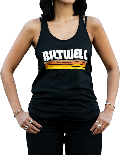 Black BILTWELL women's surf tank top, medium size, made by Bill's Exhausts, featuring a fitted style and sleeveless design.