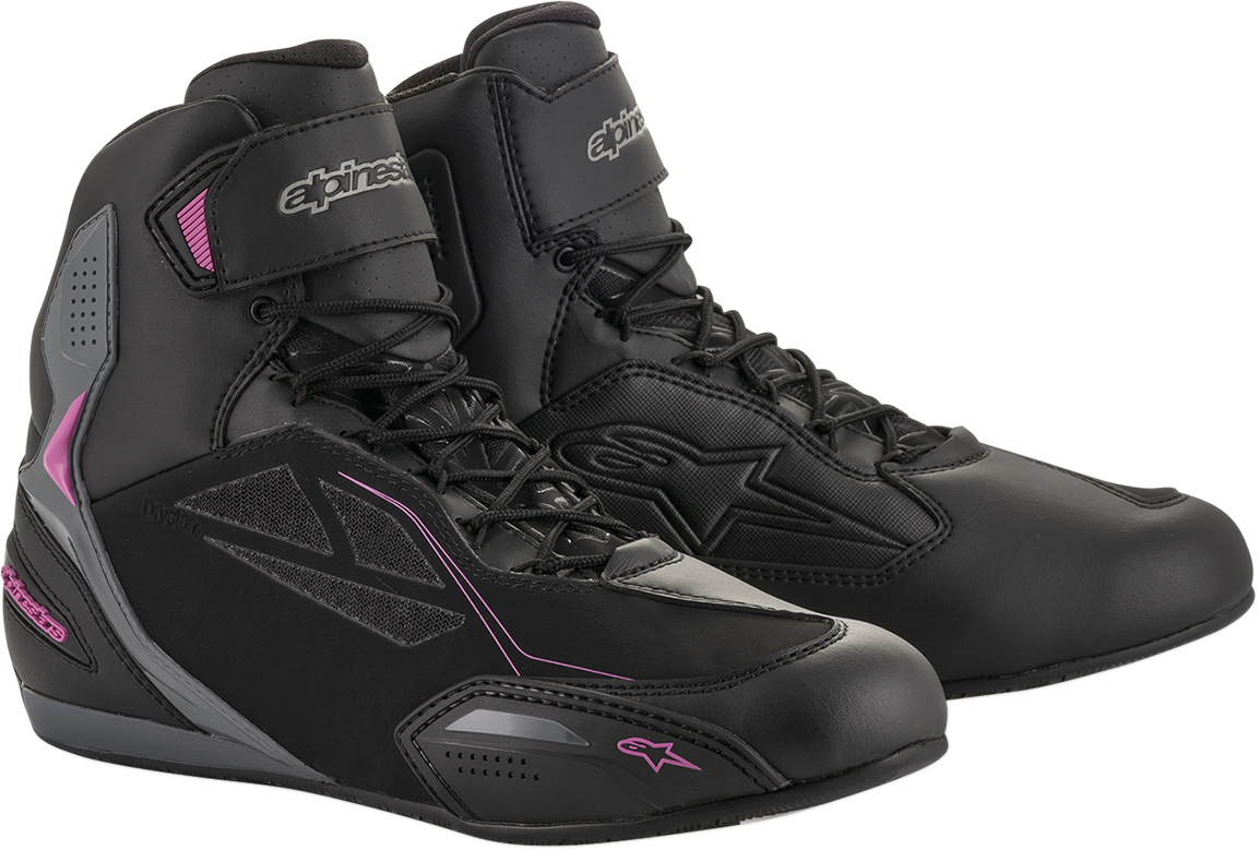 Alpinestars Faster-3 Drystar® motorcycle shoes in black, gray, and pink with laces and protective design, US size 6.