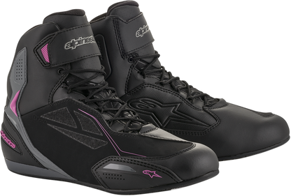 Alpinestars Faster-3 Drystar shoes in black, gray, and pink, featuring sporty design and durable construction for motorcycle riding.