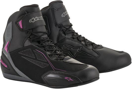 Alpinestars Faster-3 Drystar shoes in black, gray, and pink, featuring sporty design and durable construction for motorcycle riding.
