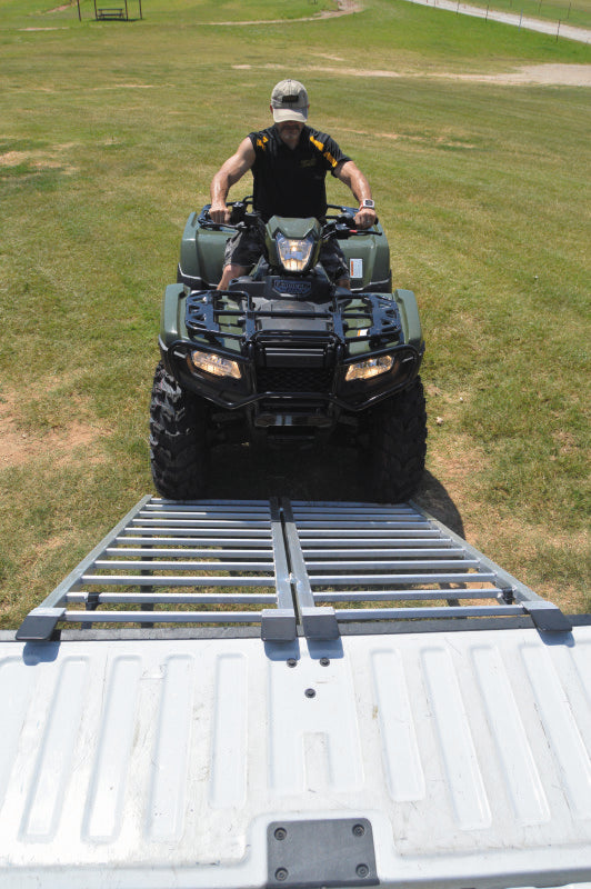 QuadBoss Bifold Ramp 50x72 in lightweight aluminum with adjustable security straps for power sports vehicles and loading ease.