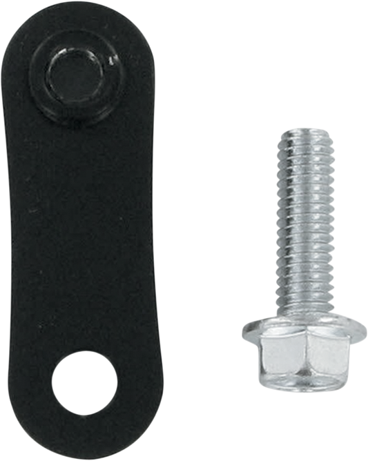 Vance & Hines left passenger foot peg bracket and relocation kit for Harley-Davidson motorcycles, shown in black with mounting hardware.