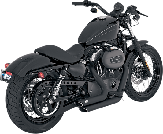 Black VANCE & HINES Shortshots Staggered Exhaust System for motorcycles, featuring sleek metal pipes and a compact design.