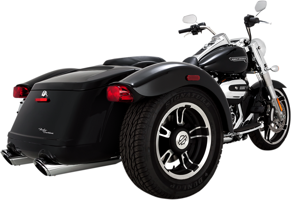 Vance & Hines Twin Slash mufflers for Harley-Davidson FLRT motorcycle, showing the sleek chrome finish and dual exhaust design.
