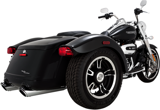 Vance & Hines Twin Slash mufflers for Harley-Davidson FLRT motorcycle, showing the sleek chrome finish and dual exhaust design.
