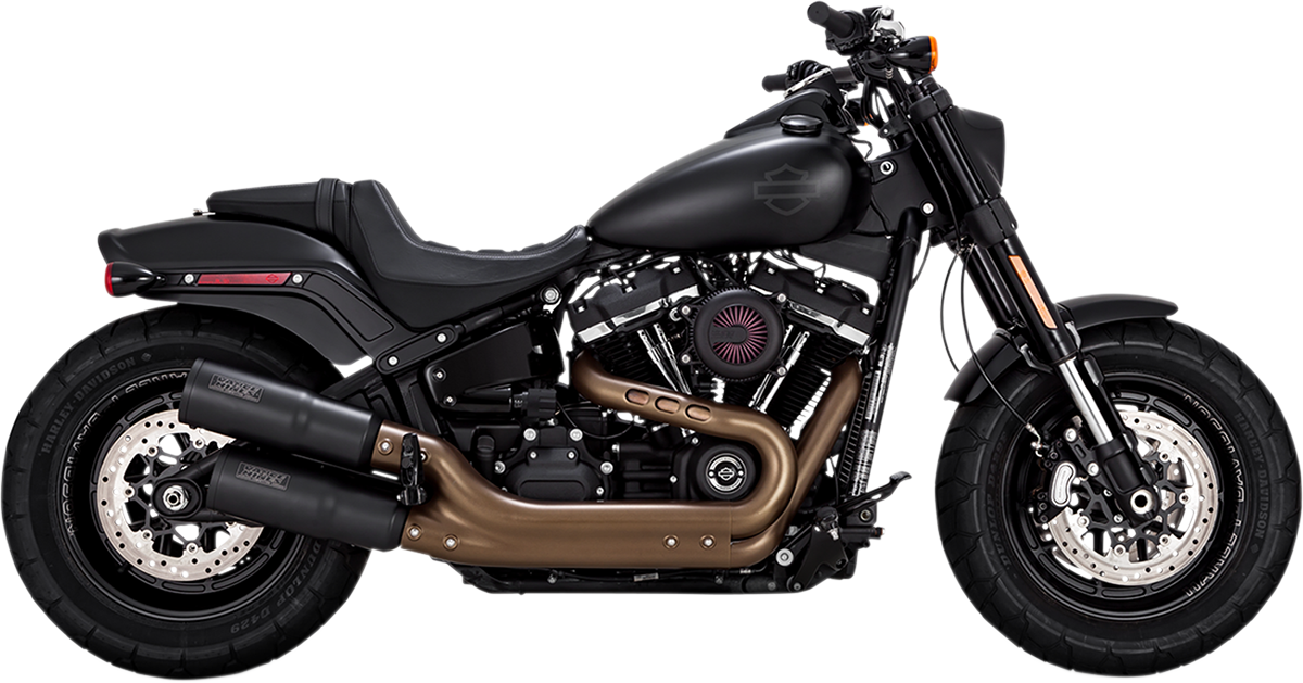 VANCE & HINES black Hi-Output mufflers 46547 installed on Harley-Davidson Fat Bob motorcycle, showcasing sleek exhaust design.
