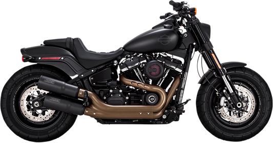 VANCE & HINES black Hi-Output mufflers 46547 installed on Harley-Davidson Fat Bob motorcycle, showcasing sleek exhaust design.