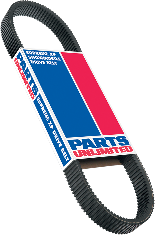 Parts Unlimited Supreme XP belt for Ski-Doo and Arctic Cat snowmobiles, shown in the image with a black rubber design and branded markings.