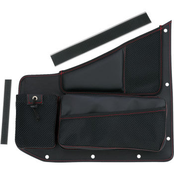 Bill's Exhausts Show Chrome Kaliber Side Organizer for car, black with red stitching, fits driver and passenger sides.