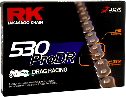 RK 530 ProDR drag racing chain with 180 links, high-performance motorcycle chain for powerful drag racing applications.