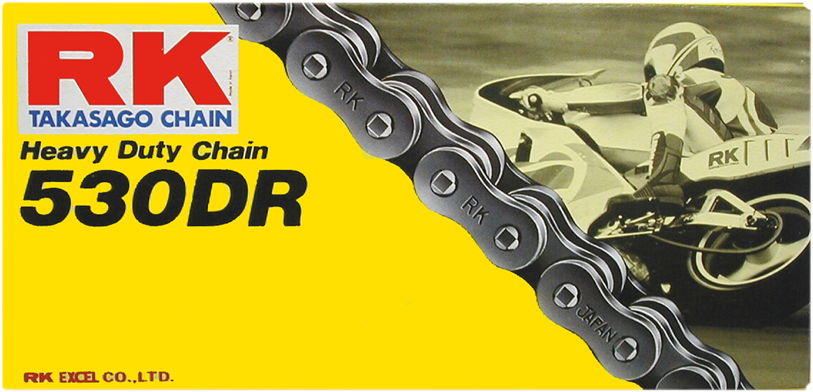 RK 530 DR drag racing chain with 180 links and 10,400 lbs tensile strength, featuring metal links and chain links.