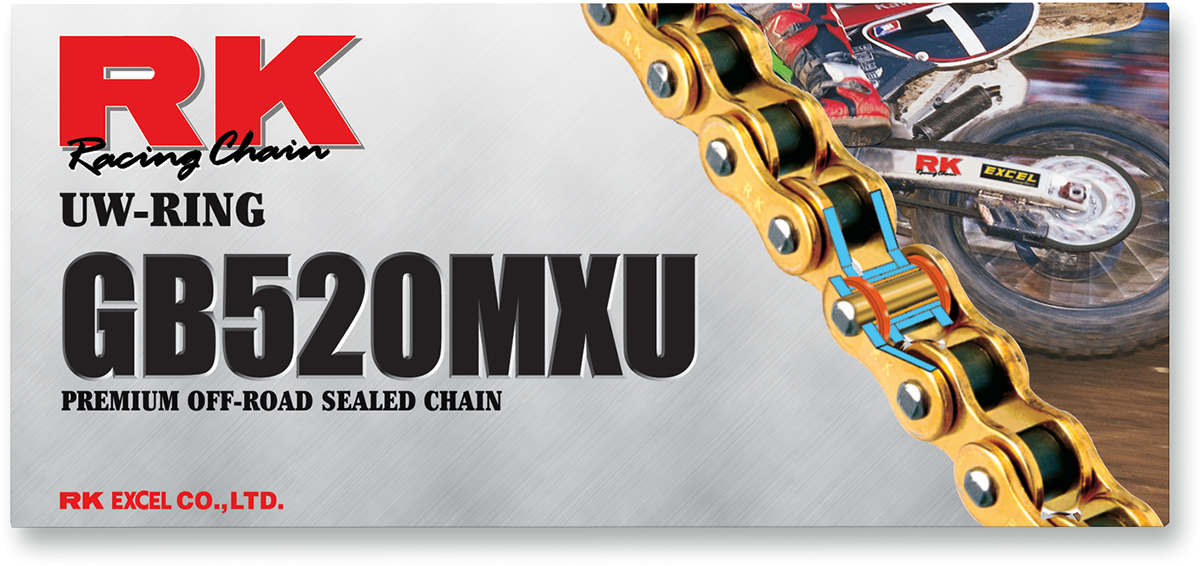 RK 520 MXU UW-Ring sealed racing chain with 114 links for 125cc to 500cc motorcycles, durable and high-performance chain.