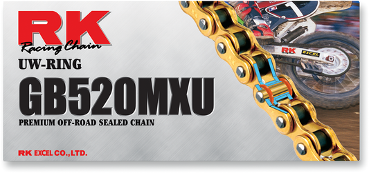 RK 520 MXU UW-Ring sealed racing chain with 114 links for 125cc to 500cc motorcycles, durable and high-performance chain.