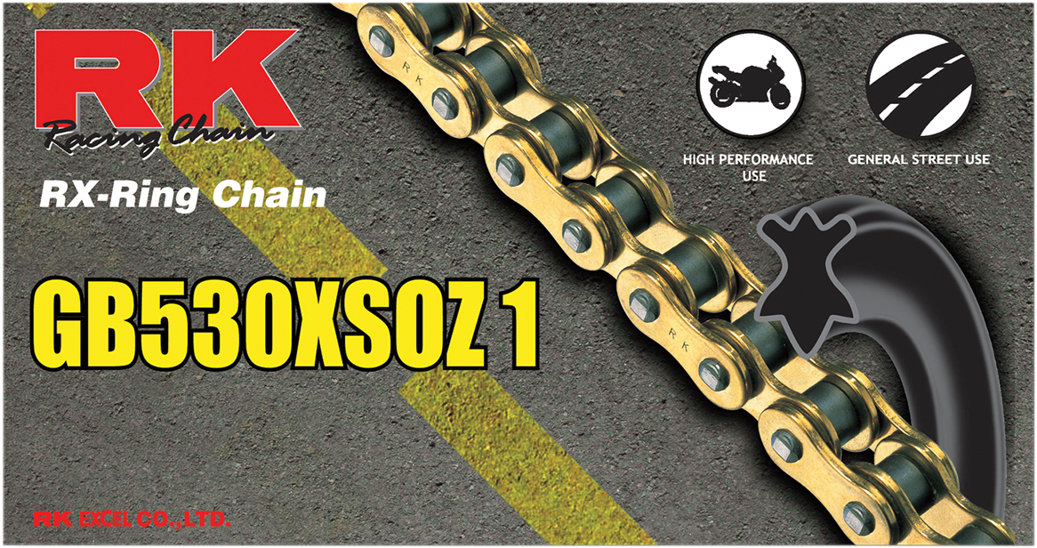 RK 530 XSOZ1 chain, 100-foot length, durable steel motorcycle chain with sealed O-ring links for strength and corrosion resistance.
