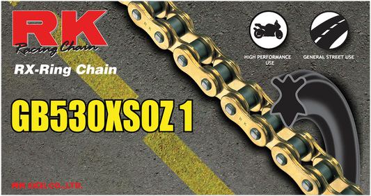 RK 530 XSOZ1 chain, 100-foot length, durable steel motorcycle chain with sealed O-ring links for strength and corrosion resistance.