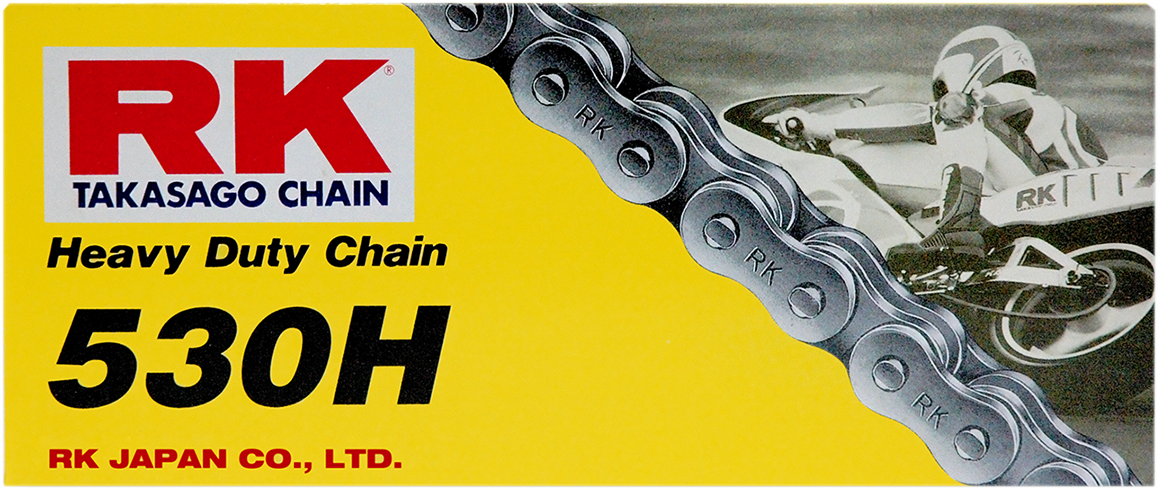 RK heavy-duty chain clip connecting link, part M530H-CL, showing metal construction and secure clasp for heavy machinery chains.