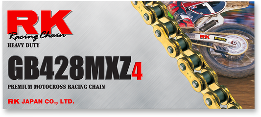 RK RK 428 MXZ4 replacement connecting link, part GB428MXZ4-CL, showing metal connector for chains or machinery.