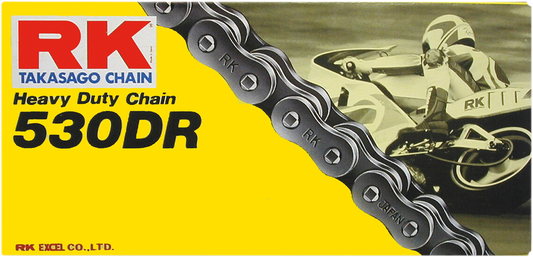 RK 530 DR drag racing chain, 100 feet R18-530DR, designed for up to 250 horsepower, featuring durable metal links.