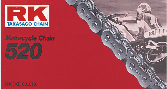 RK M520 standard chain with 82 links, heavy-duty medium carbon alloy steel, showing the durable chain links and construction.