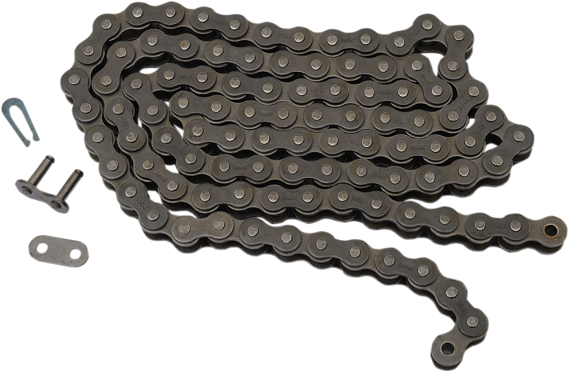 RK M530 standard chain for 400cc street bikes, 116 links, durable motorcycle chain with metal rollers and connecting links.