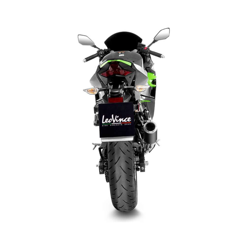 Black Edition Leovince LV Corsa muffler for Kawasaki Ninja 400/500 exhaust, showcasing the sleek black exhaust design.