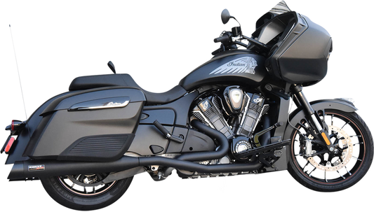 Black Bassani Xhaust Dual Challenger motorcycle exhaust system with chrome tips and mounting hardware, designed for high-performance riding.